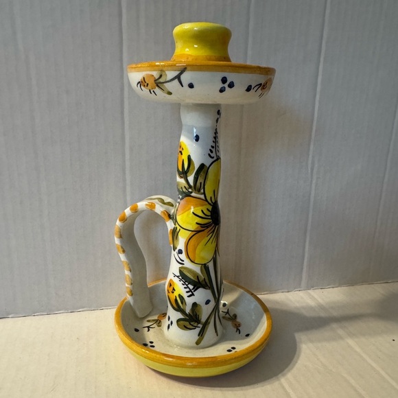 Yellow Floral Ceramic Candle Holder Round with Handle Hand Painted Spain Dish - Picture 1 of 6